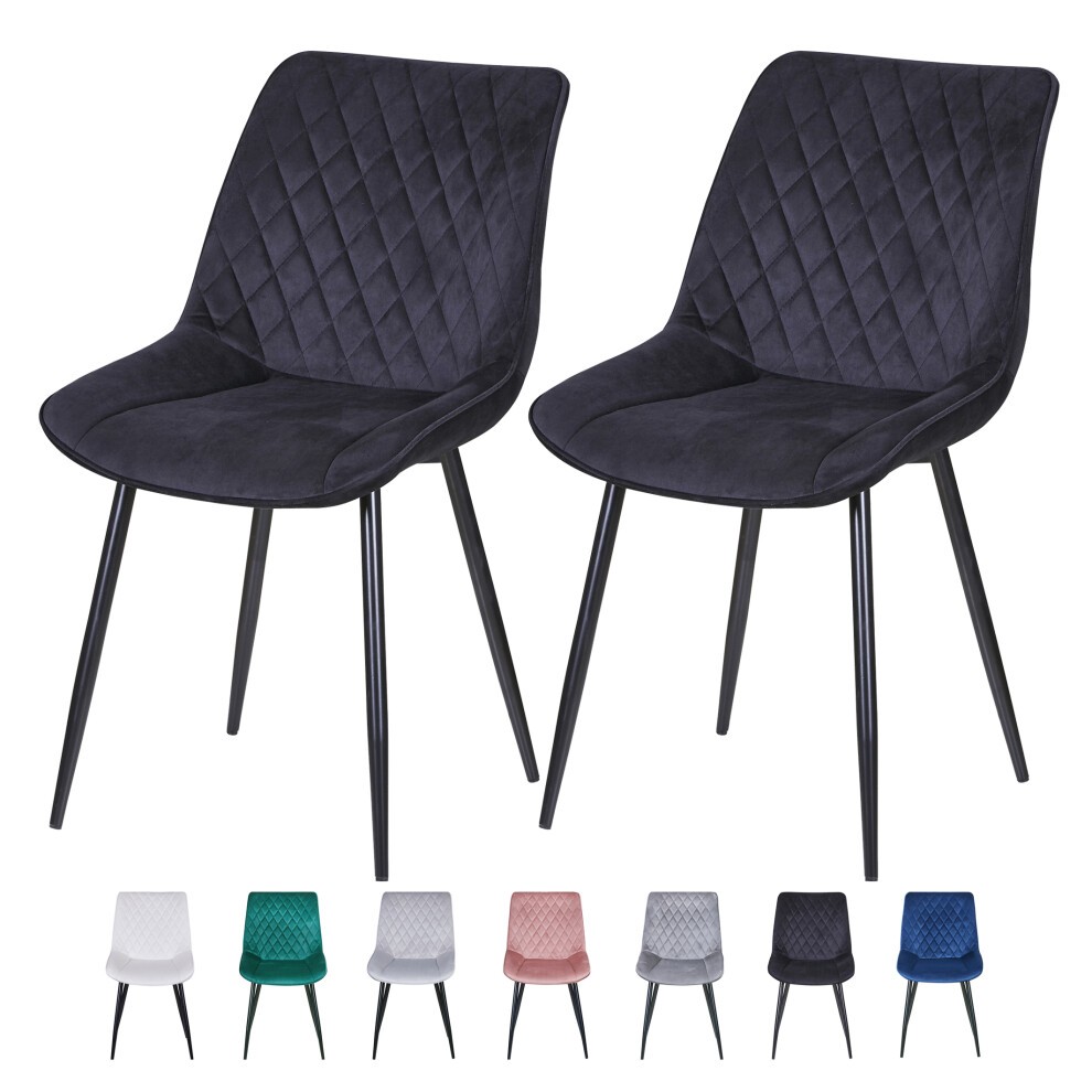 Set of 2 black velvet chairs with padded seats and metal legs, featuring a diamond quilted design, stylish and modern for any space.