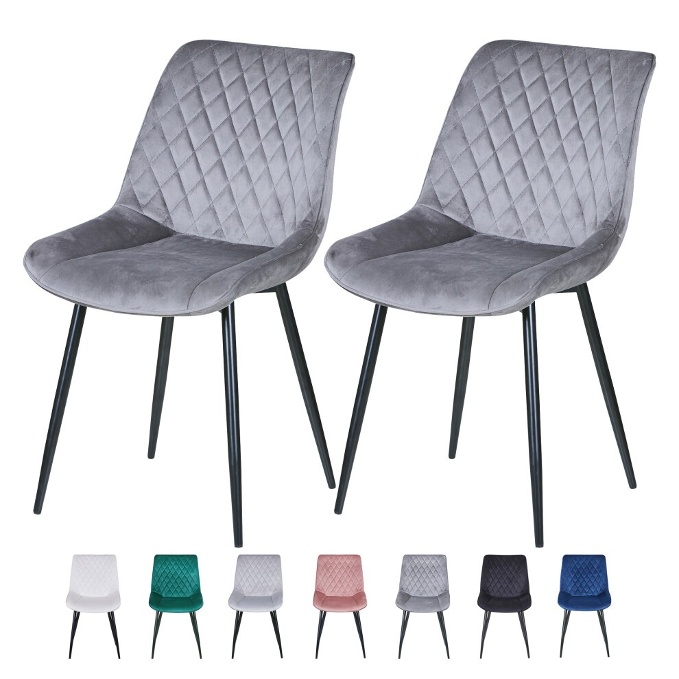 Set of 2 dark grey velvet chairs featuring padded seats, diamond quilted design, and sleek metal legs, available in various colors.
