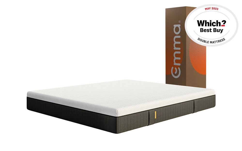 White and grey single mattress with a soft top layer and a sturdy black base, accompanied by a branded box featuring the Emma logo and a "Best Buy" badge.