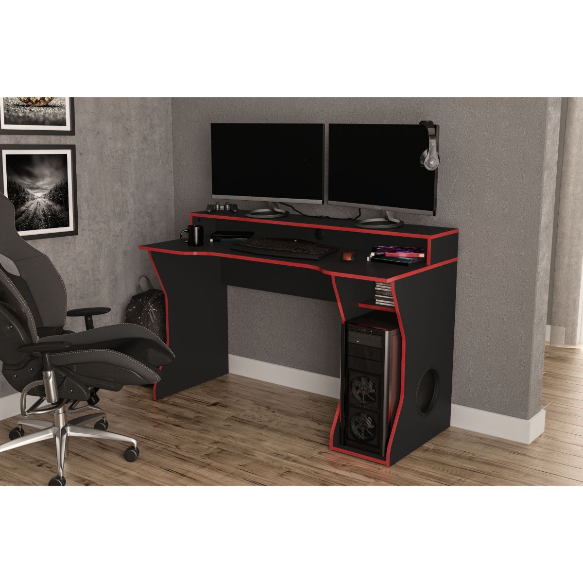 Birlea Enzo Gaming Computer Desk features a dark red and black design, sleek lines, dual monitor setup, and a spacious surface, complemented by a stylish gaming chair.