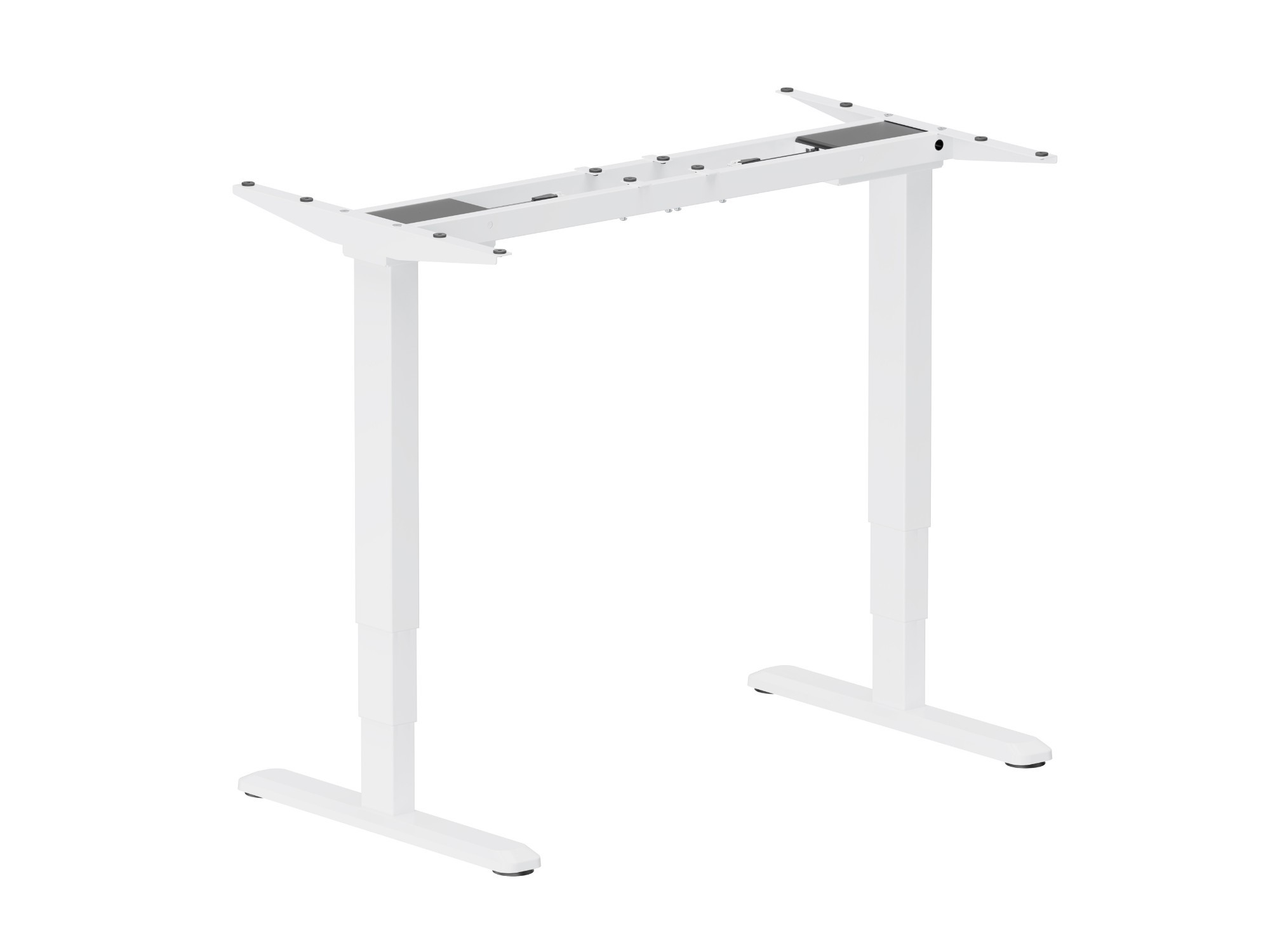 White electric sit-stand desk frame with adjustable height, made of sturdy metal, featuring a minimalist design and smooth edges for a modern workspace.