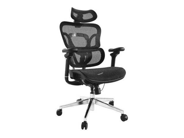 Black ergonomic office chair featuring a breathable mesh back, adjustable headrest, padded seat, and armrests, set on a chrome base with rolling casters.