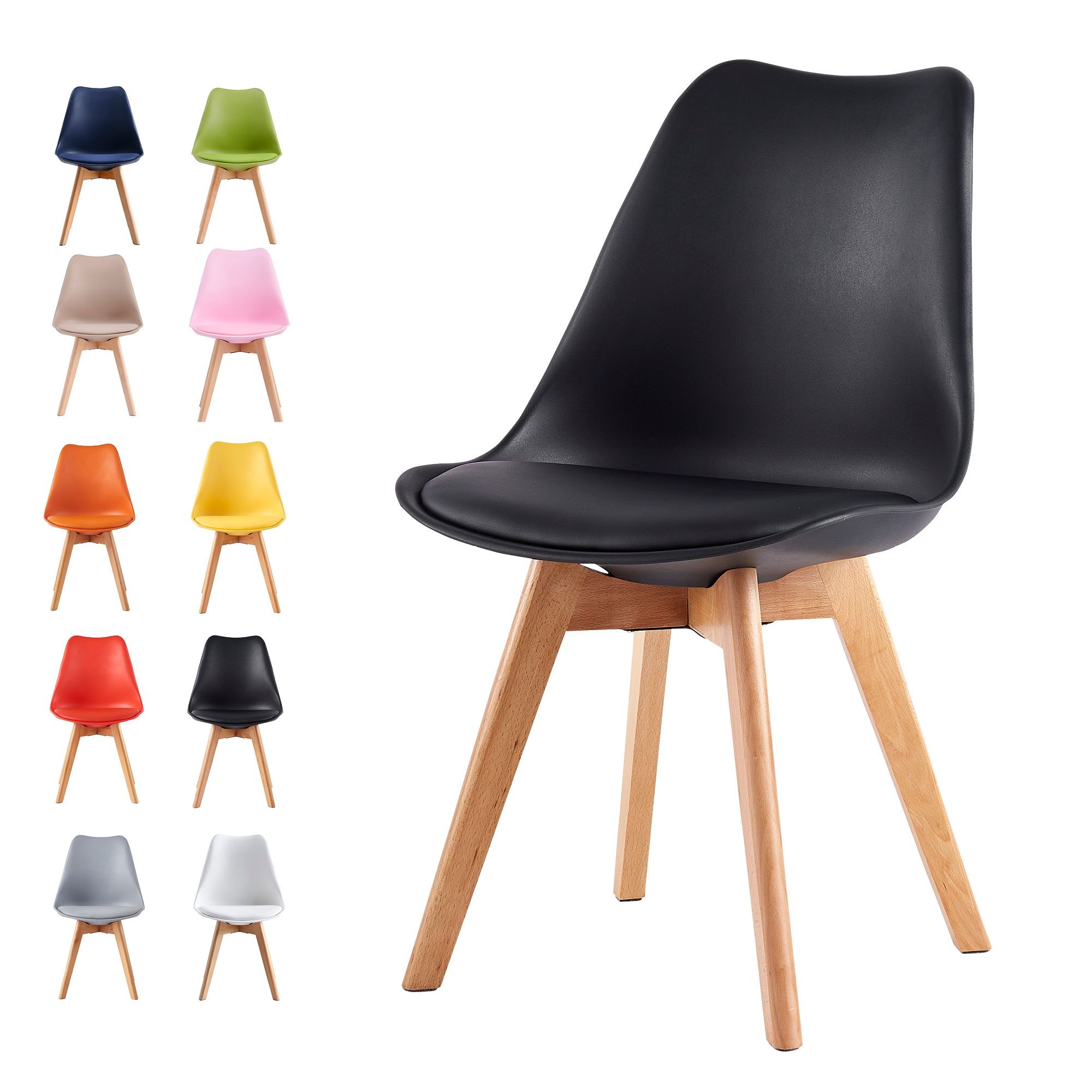 Black dining chair with a sleek, curved plastic seat and wooden legs, part of the MCC Eva collection, showcased alongside various color options.
