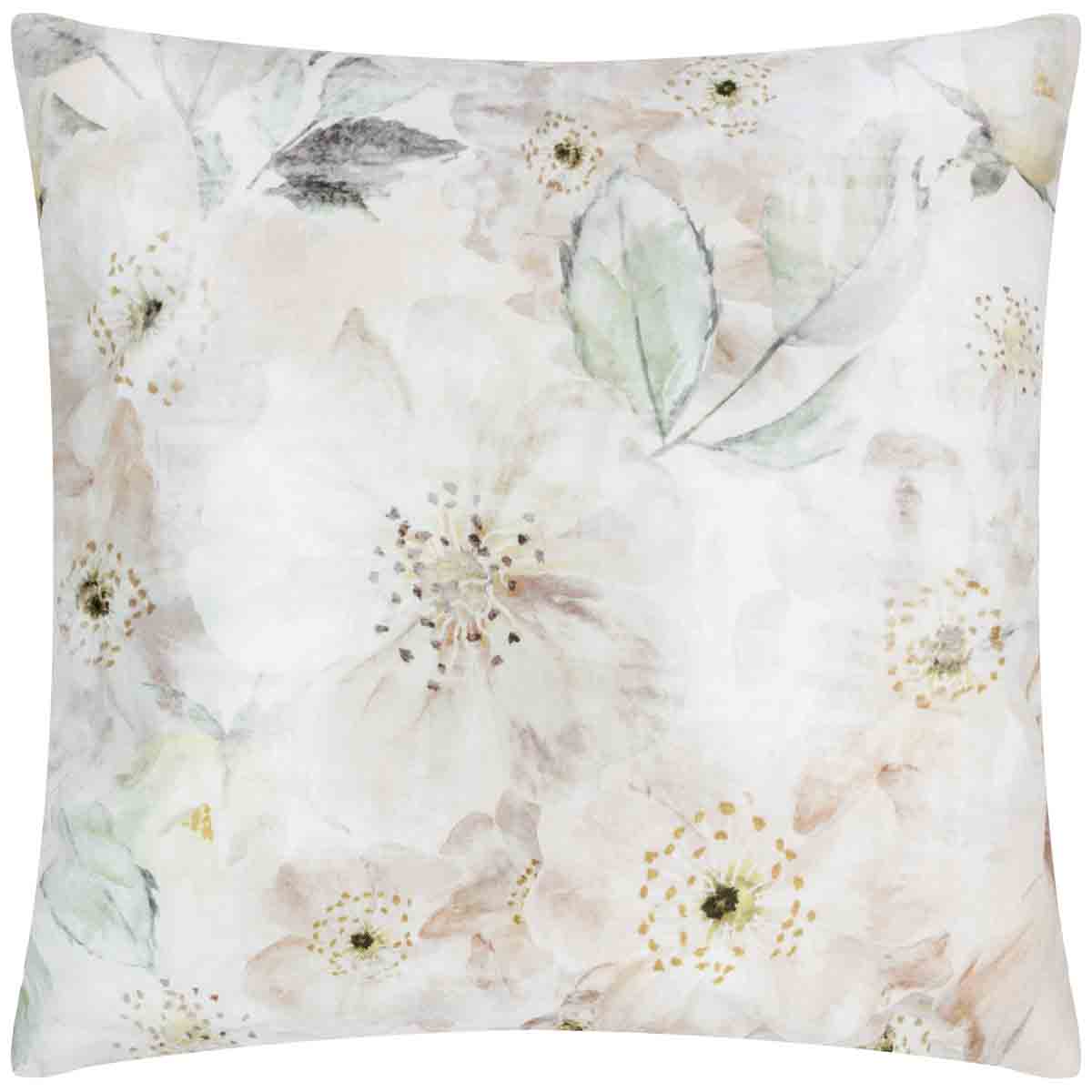 Off-white outdoor cushion featuring a delicate floral design with soft pastel colors and subtle leaf patterns, measuring 43 cm x 43 cm, ideal for garden or patio use.