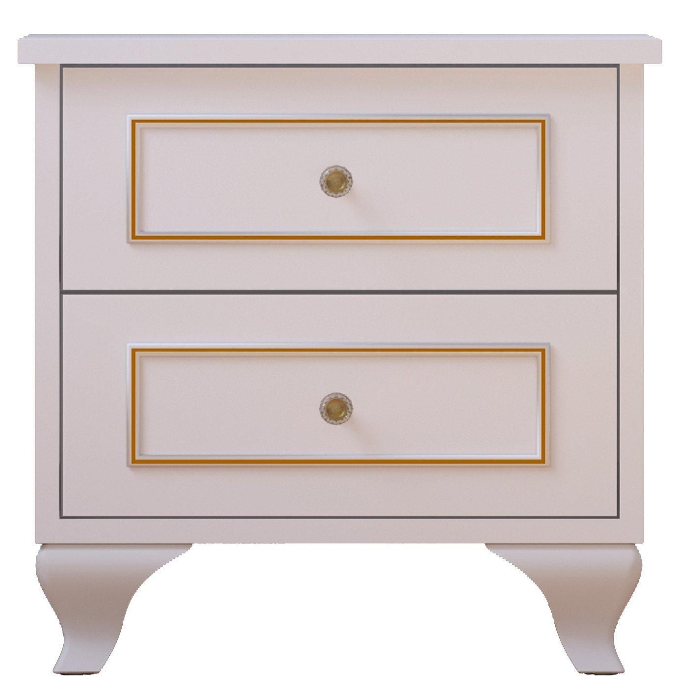 White bedside table with two drawers, featuring gold trim and round knobs, supported by elegant curved legs.