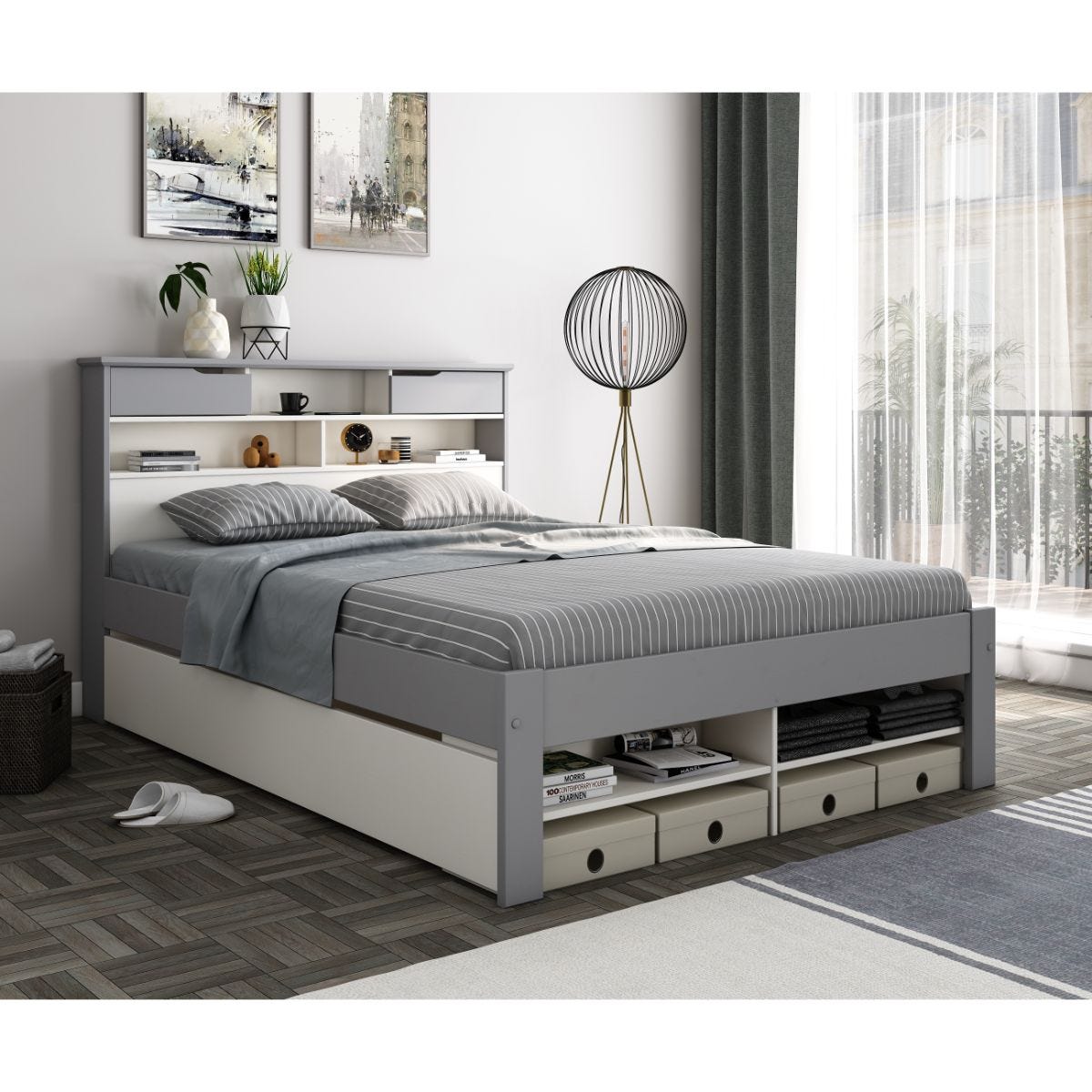 Fabulous grey and white wooden storage bed with two drawers, featuring a sleek design, a headboard with shelves, and a striped grey mattress, set in a modern room.
