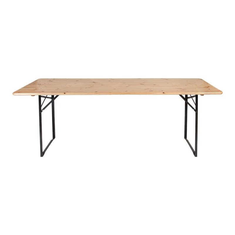 Rectangular folding table for 8 to 10 people, featuring a natural wood top with a light finish and sturdy black metal legs for stability.