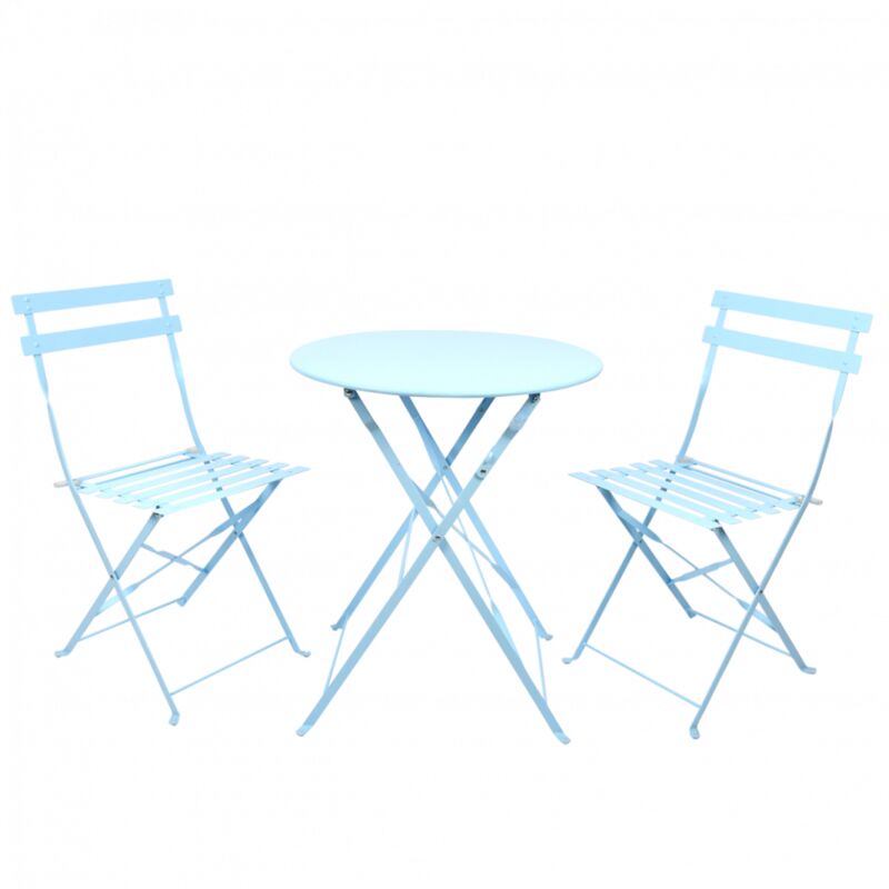 Light blue metal bistro set featuring a round table and two folding chairs with slatted seats, perfect for outdoor dining or small spaces.