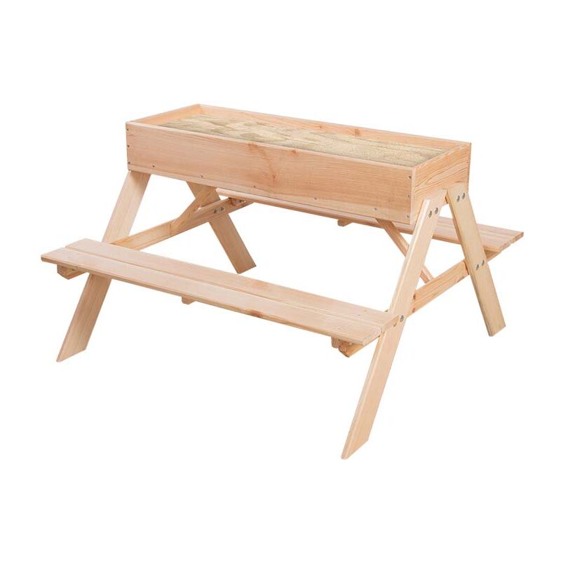 Wooden 2-in-1 picnic table and sandbox for children, featuring a rectangular sand-filled top and sturdy slatted benches, all in a natural wood finish.