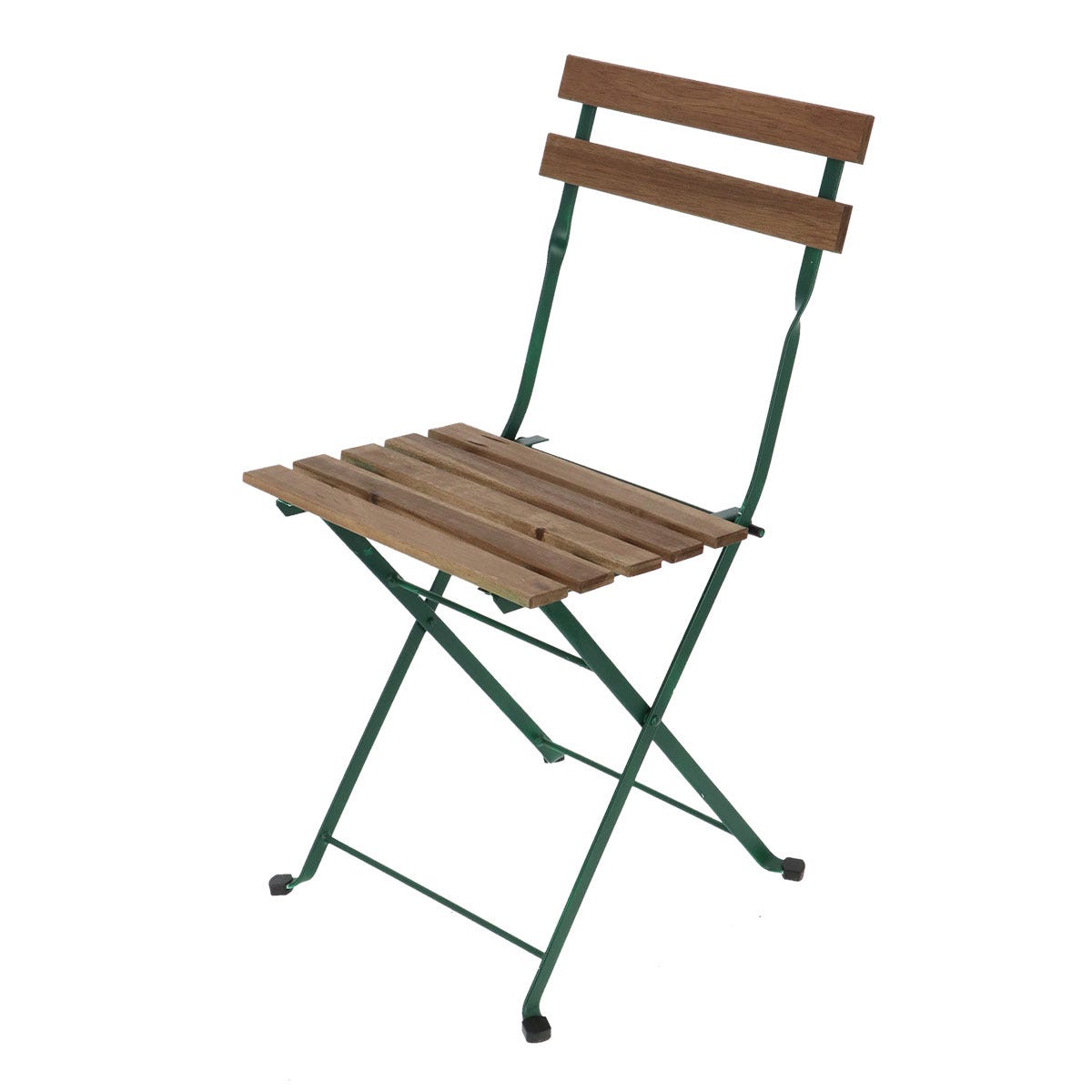 French bistro chair featuring a wooden slatted seat and backrest, supported by a green metal frame with a folding design and rubber feet for stability.