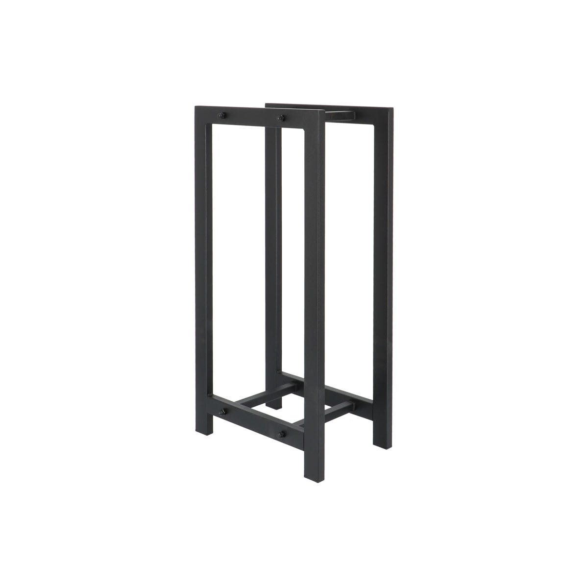 Black metal wood storage rack with a minimalist design, featuring an open rectangular frame and sturdy legs for holding firewood or logs.