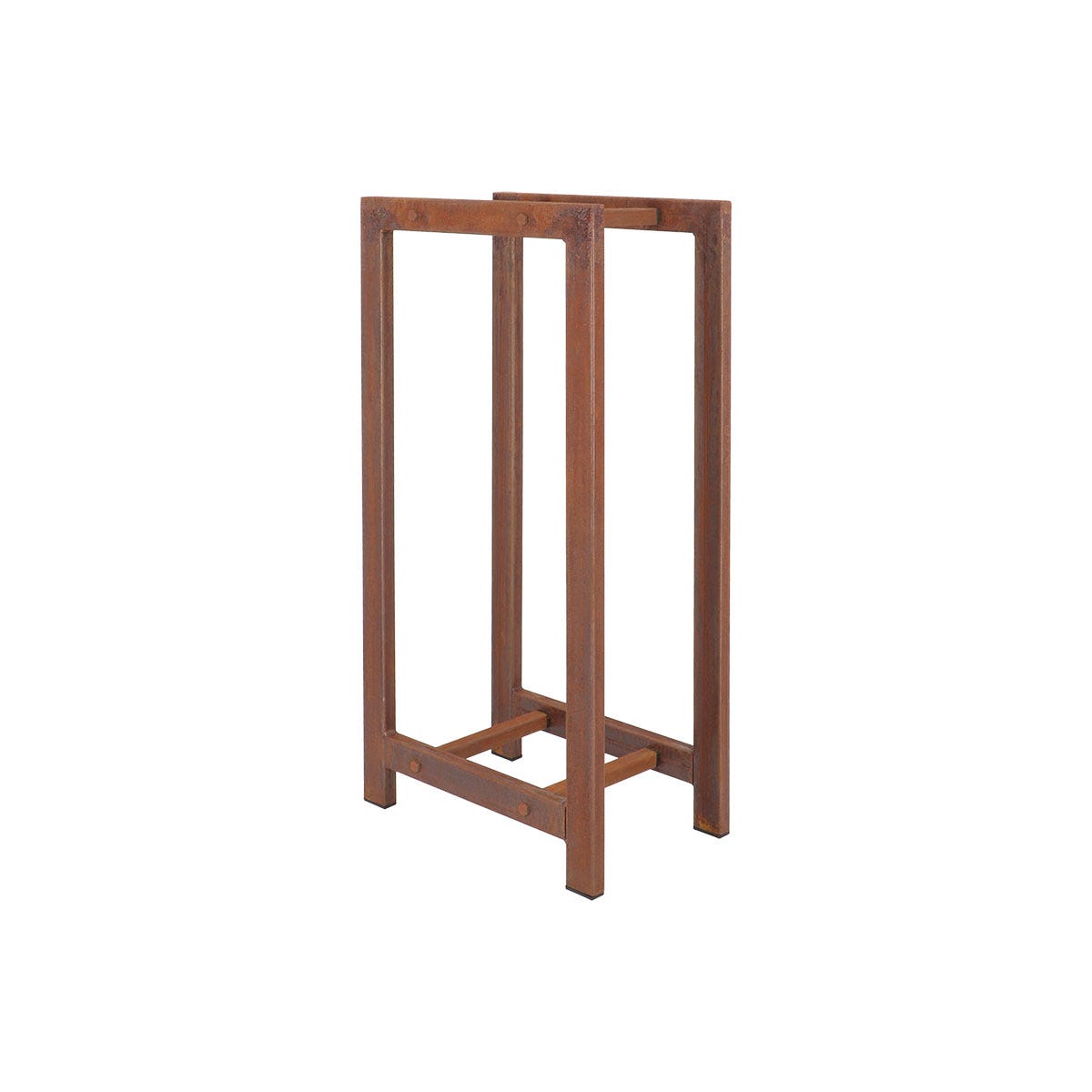 Wooden storage rack in a rustic brown finish, featuring an open frame design with sturdy legs and a minimalist style, ideal for organizing logs or firewood.