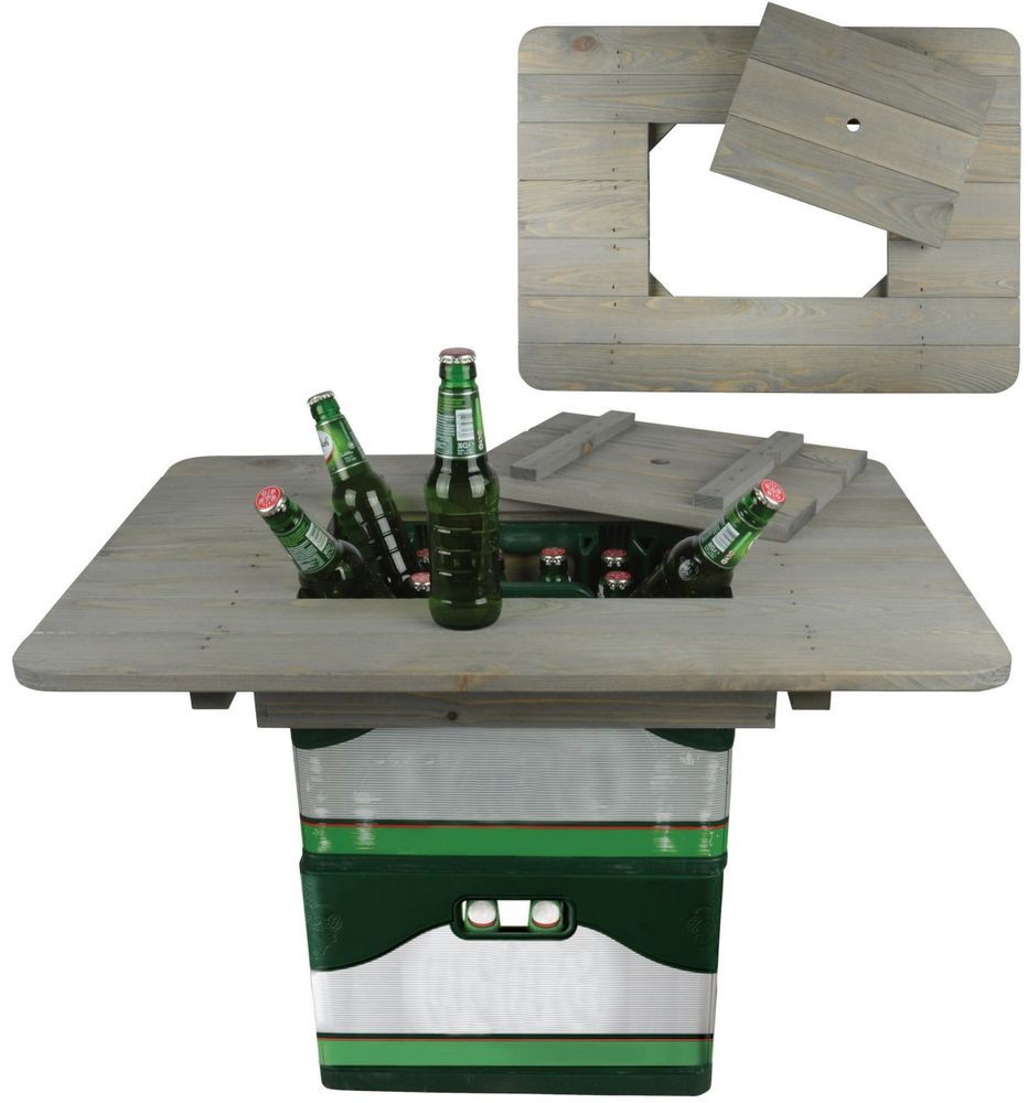 Wooden table top in light grey with a rectangular cutout, resting on a green beer crate, featuring several green bottles inside the crate.