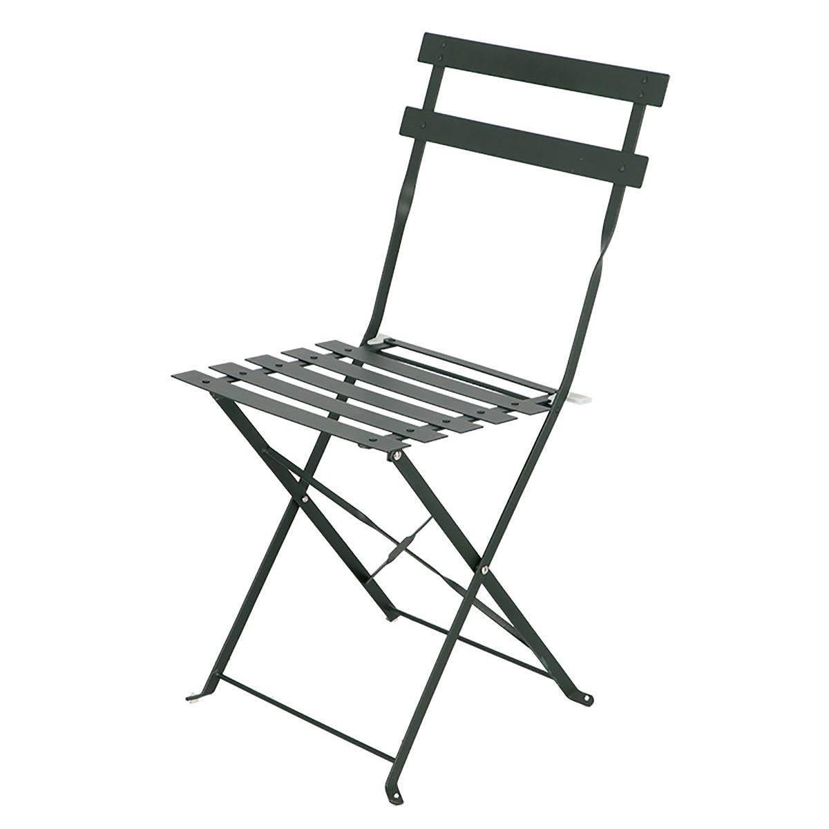 Green metal French bistro chair with a slatted seat and backrest, featuring a folding design for easy storage.