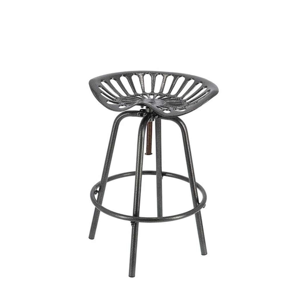 Grey metal tractor chair with a curved, slatted seat design and a sturdy round base, featuring an adjustable height mechanism.