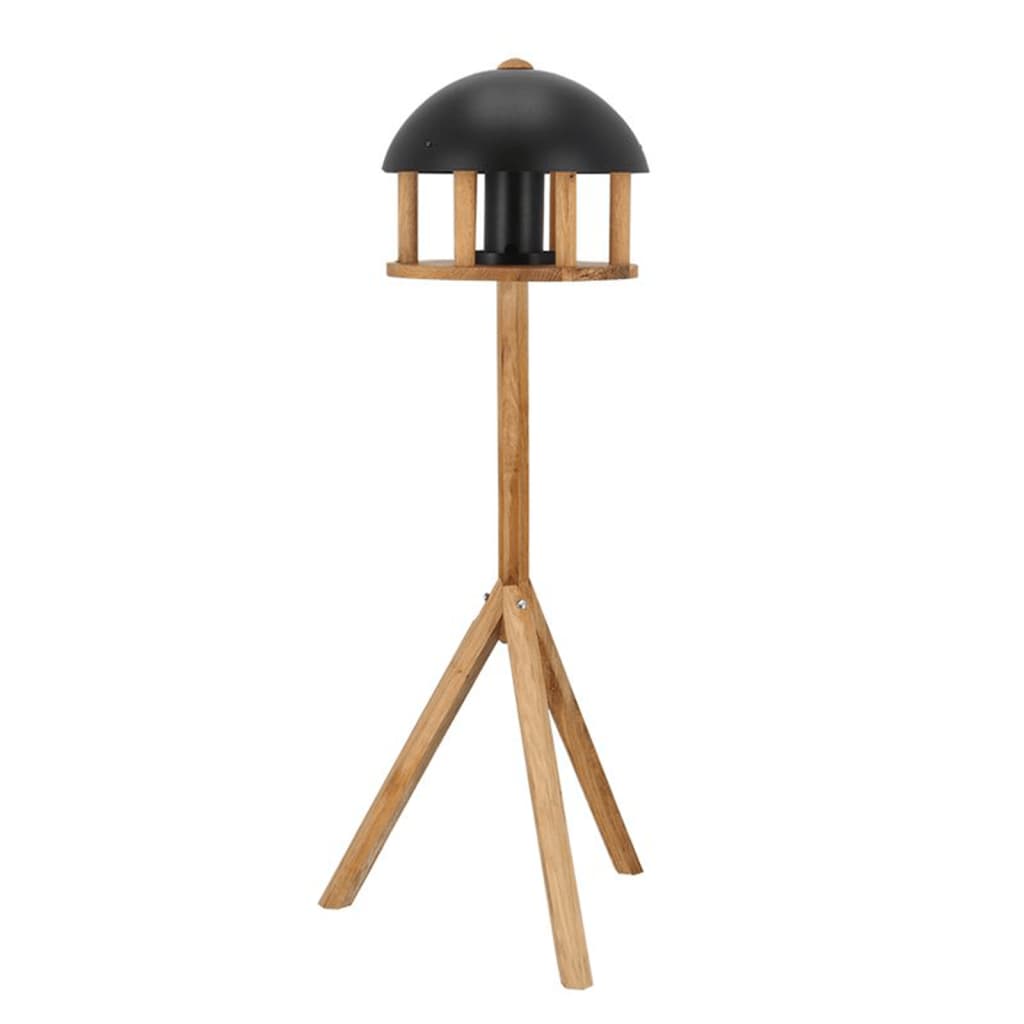 Round oak bird table with a black dome roof, featuring a wooden stand with three legs, designed for outdoor bird feeding.