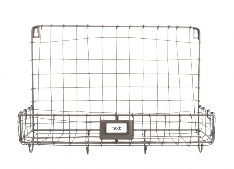 Rust-brown metal wire wall rack measuring 39.2 x 28.7 cm, featuring a rectangular shape, grid design, and a small label holder at the front.