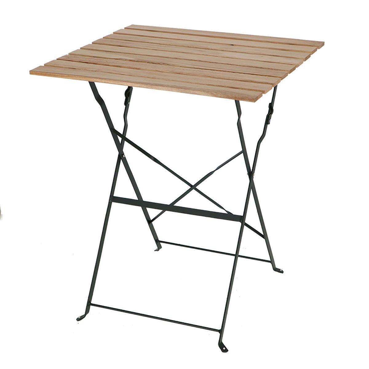 Square bistro table featuring a slatted wooden top in a natural finish, supported by a sleek black metal frame with a folding design for easy storage.