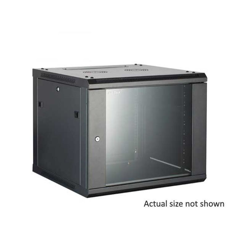 Black 12U 19-inch wall mounting cabinet with a glass front door, metal construction, ventilation holes on top, and a depth of 550mm, designed for secure equipment storage.
