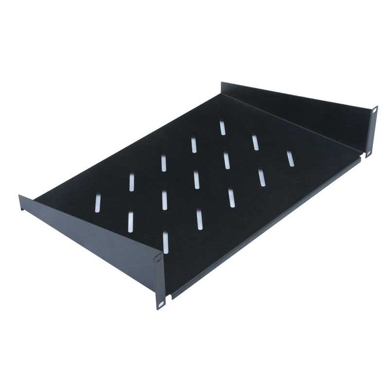 Black metal cantilever shelf with a 1U height and 300mm depth, featuring slotted design for ventilation and front fixing brackets on each side.