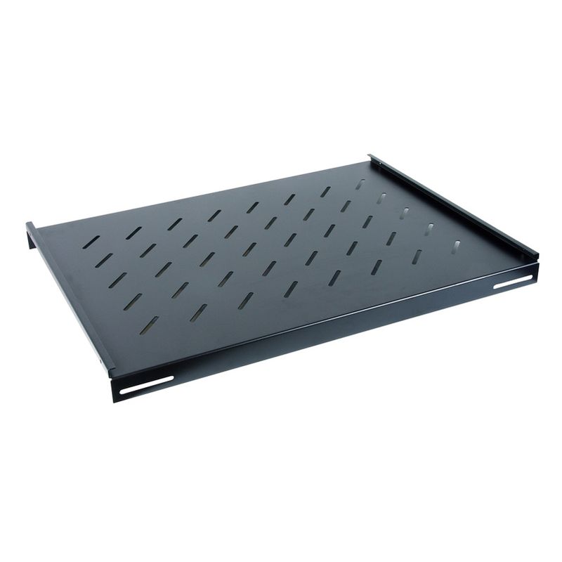 Black 19-inch fixed vented shelf made of durable metal, featuring a perforated design for airflow and support, with mounting brackets on each side for easy installation.