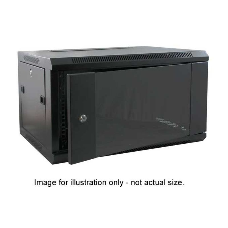 Black 6U 19-inch wall mounting cabinet with a glass front door, ventilation slots on top and sides, and a sturdy metal construction, designed for secure equipment storage.