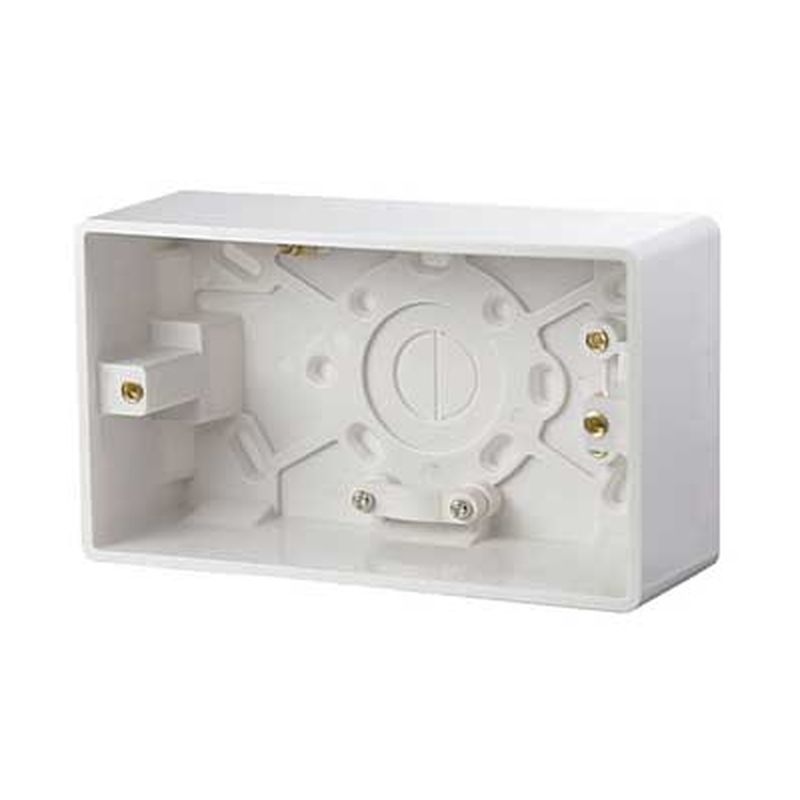 White plastic deep double pattress back box with multiple mounting points and electrical terminals, designed for secure installation of electrical fittings.