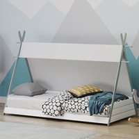 Wooden bed frame with a white canvas tipi design, featuring a sturdy A-frame structure, gray and white bedding, and colorful patterned cushions against a geometric wall backdrop.