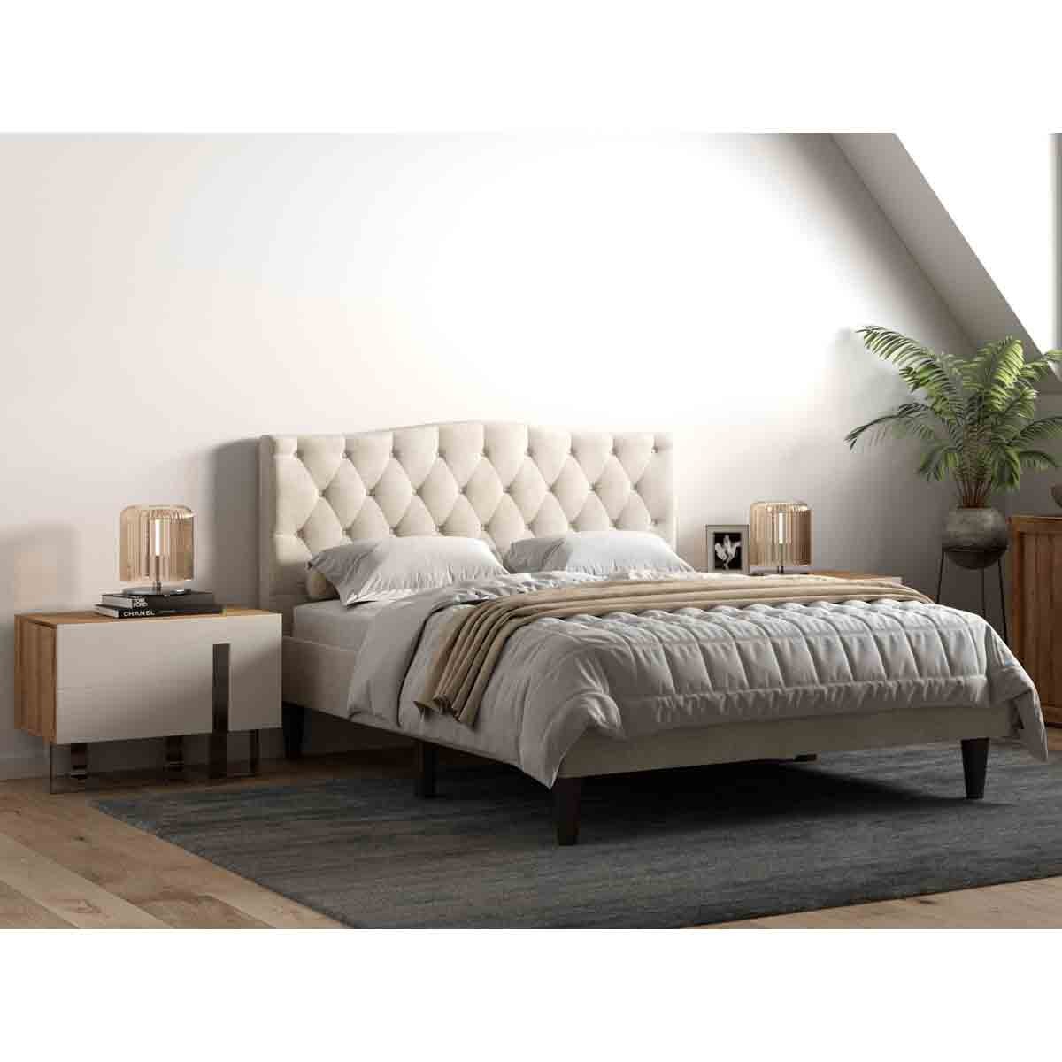 Barkby Fabric Bed by Flair features a tufted beige headboard, a sleek design, complemented by wooden nightstands and a cozy gray rug.
