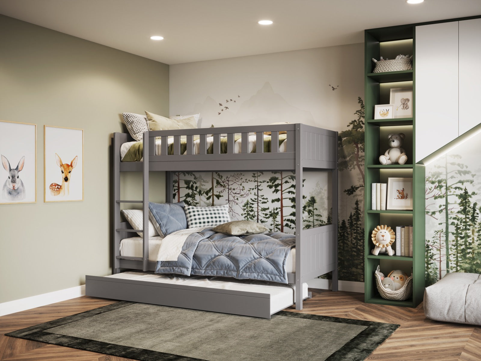 Gray wooden shorty bunk bed with a lower trundle, featuring slatted sides and a cozy bedding set, placed against a nature-themed wall in a stylish room.