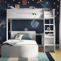 White L-shaped triple bunk bed with a sleek design, featuring a built-in ladder and a cozy lower sleeping area, set against a space-themed wall with planets and stars.