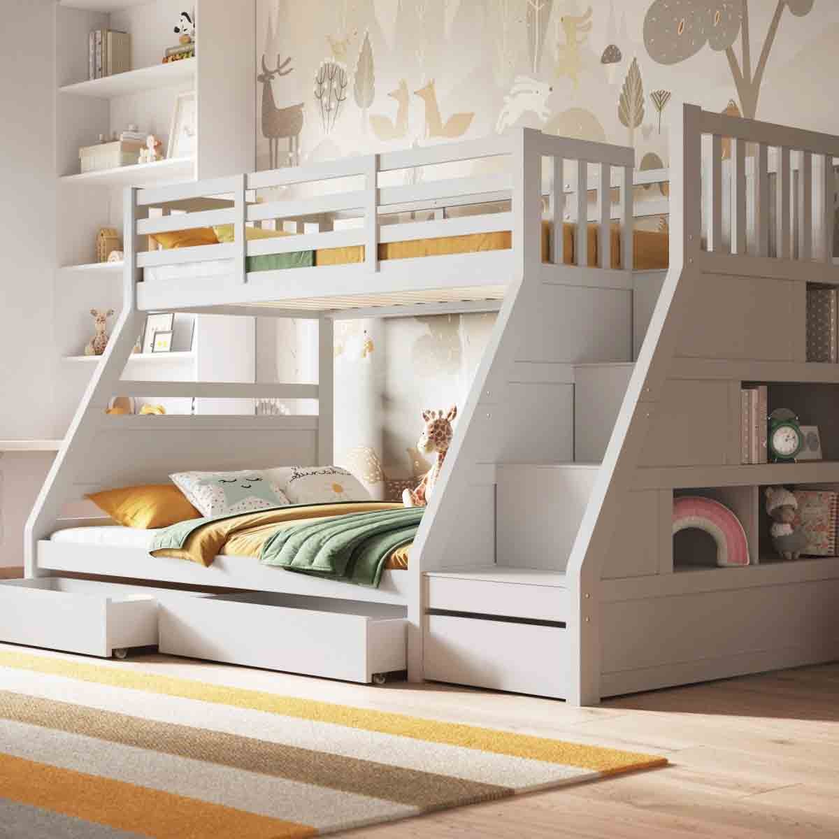 Flair Lunar Triple Bunk Bed in white, featuring three sleeping levels, built-in storage drawers, and a modern design with soft yellow and green bedding.