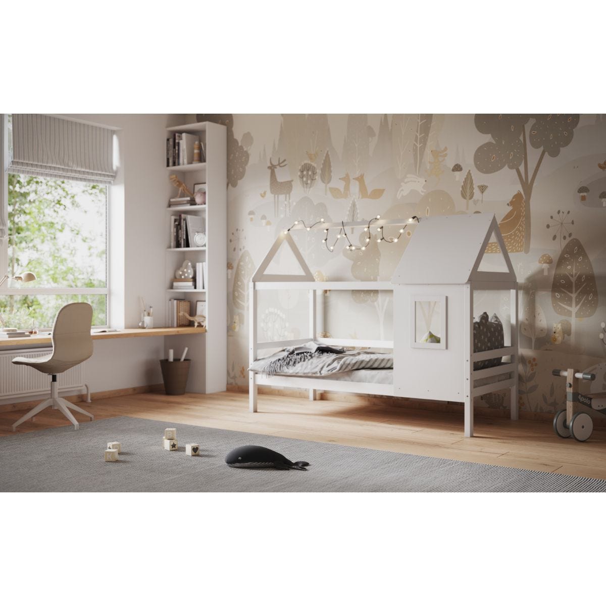 White wooden treehouse bed with a sloped roof, featuring a window and decorative fairy lights, set in a cozy room with a light wood floor and nature-themed wallpaper.