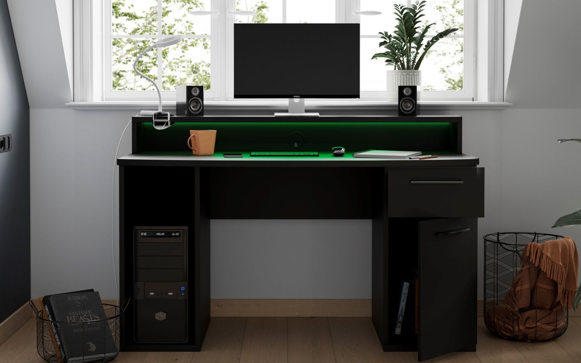 Compact black gaming desk with a sleek design, featuring green LED backlighting, a drawer, and space for a computer tower, complemented by a monitor and speakers on top.