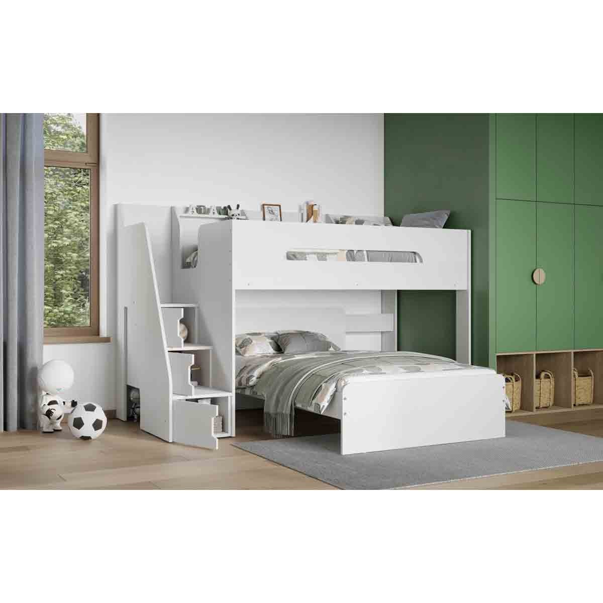 L-shaped triple bunk bed in white wood with a staircase on the side, featuring a pull-out bed below and a modern design, set against a green accent wall and natural light.