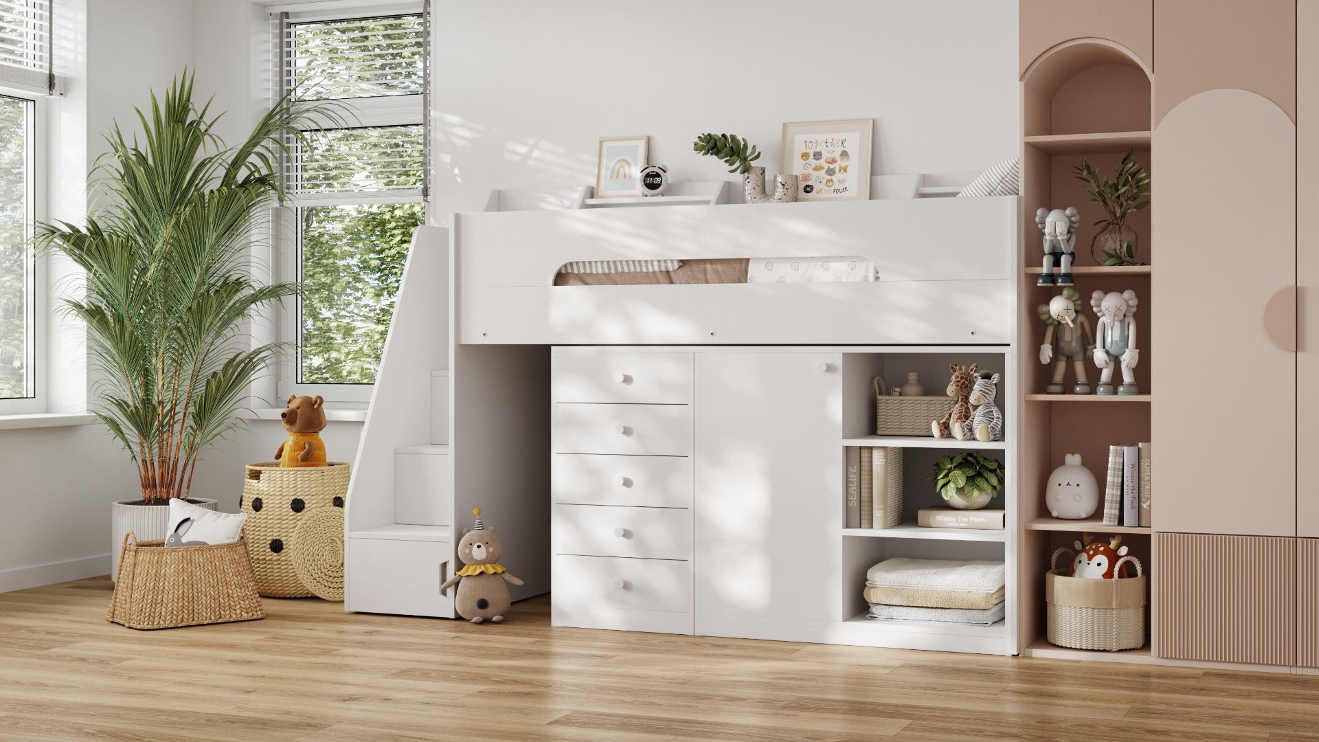 High sleeper storage station in white with a staircase, featuring drawers and shelves, set in a bright room with plants and decorative toys.