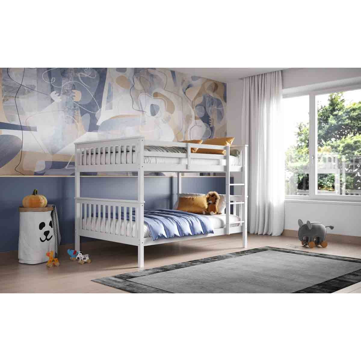 White wooden bunk bed with slatted design, featuring a ladder, placed in a modern room with a colorful mural, soft toys, and a gray rug.