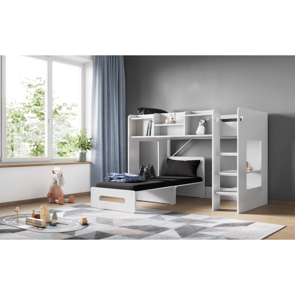 Flair Wizard Junior Highsleeper in white with a black futon, featuring shelves, a pull-out bed, and a modern design, set in a bright room with a window and soft furnishings.