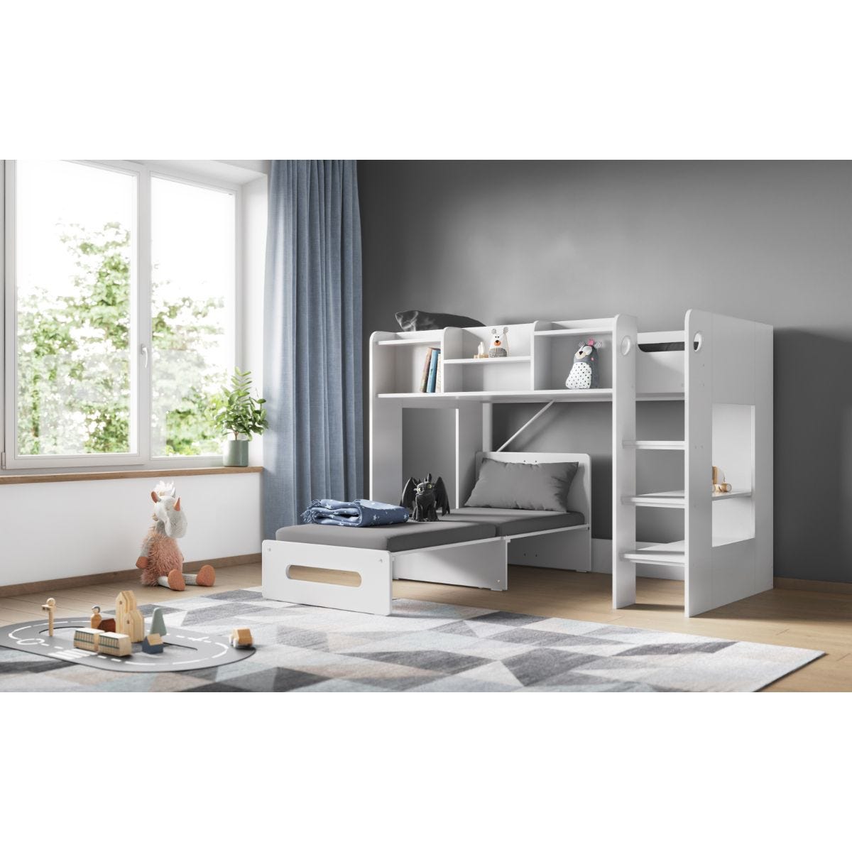Flair Wizard Junior Highsleeper in white features a grey futon, shelving units, and a pull-out bed, set against a bright window with greenery and a soft rug.