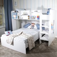 White L-shaped triple bunk bed with two upper sleeping areas and a lower double bed, featuring built-in shelves and a soft, neutral carpeted floor.
