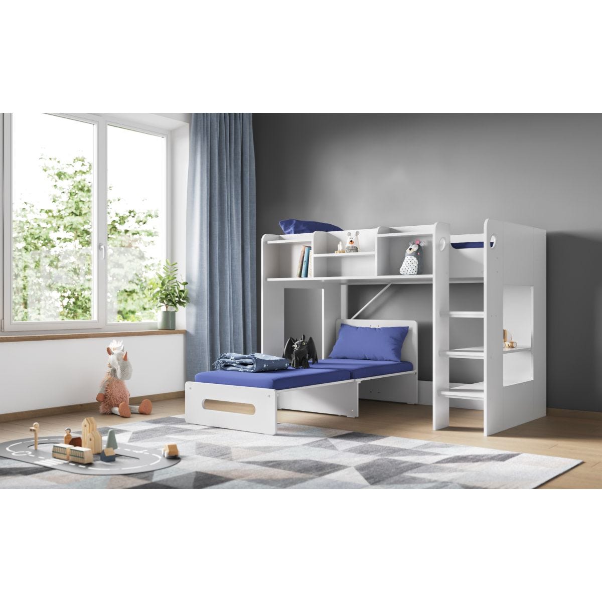 Flair Wizard Junior Highsleeper in white with a blue futon, featuring shelves, a pull-out bed, and a modern design, set in a bright room with plants and a patterned rug.