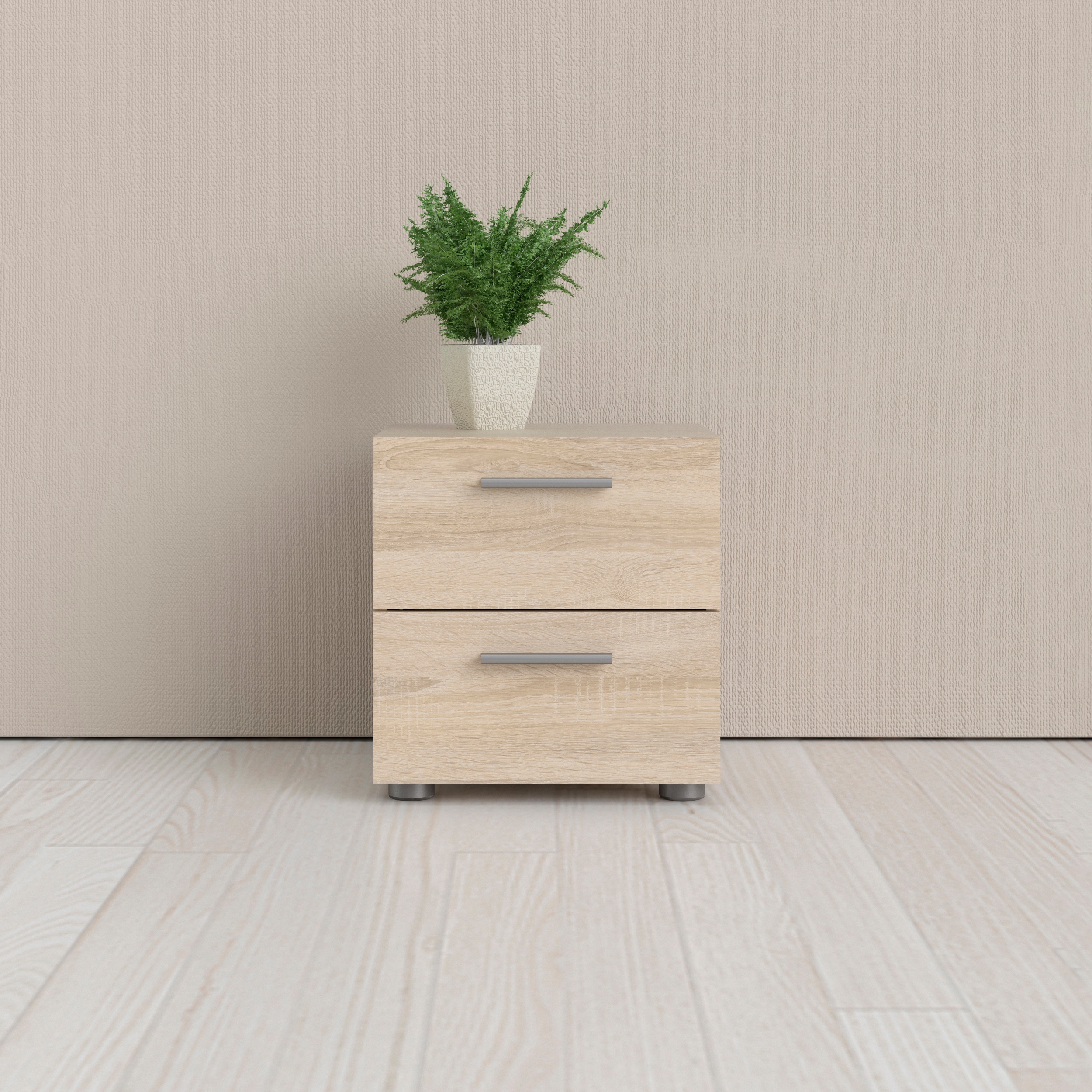 Light oak bedside table featuring two drawers with sleek silver handles, complemented by a small potted plant on top, set against a neutral background.