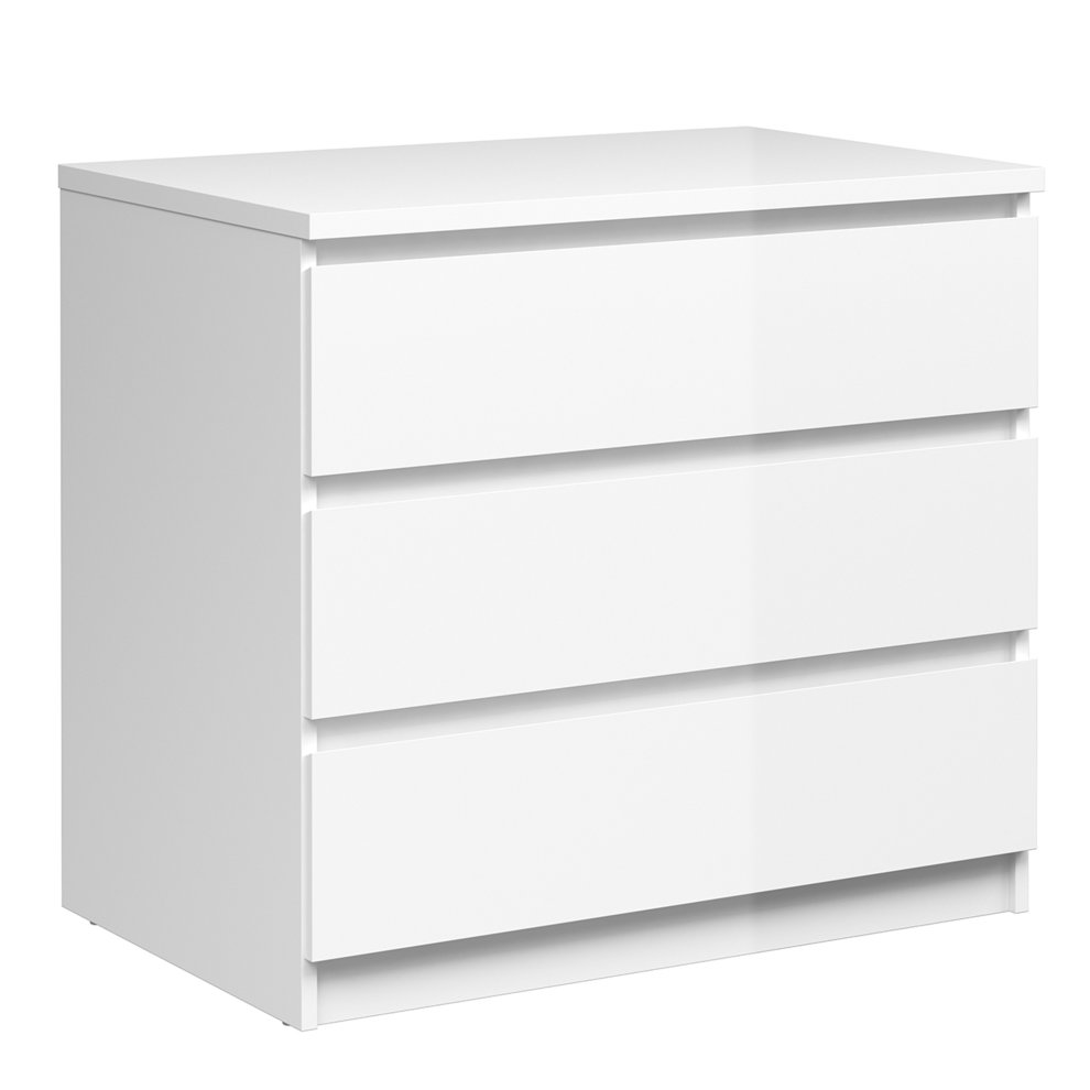 Naia Chest of 3 Drawers in high gloss white finish, featuring a sleek design with three spacious drawers and a minimalist aesthetic, perfect for modern interiors.
