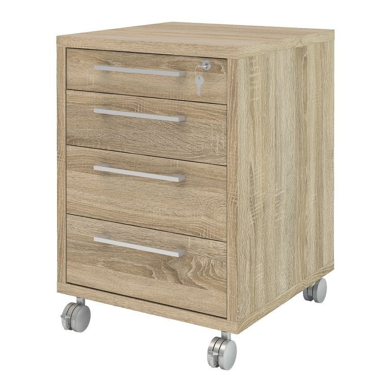 Brown oak effect mobile cabinet with four drawers, silver handles, and lock, mounted on wheels for easy mobility.