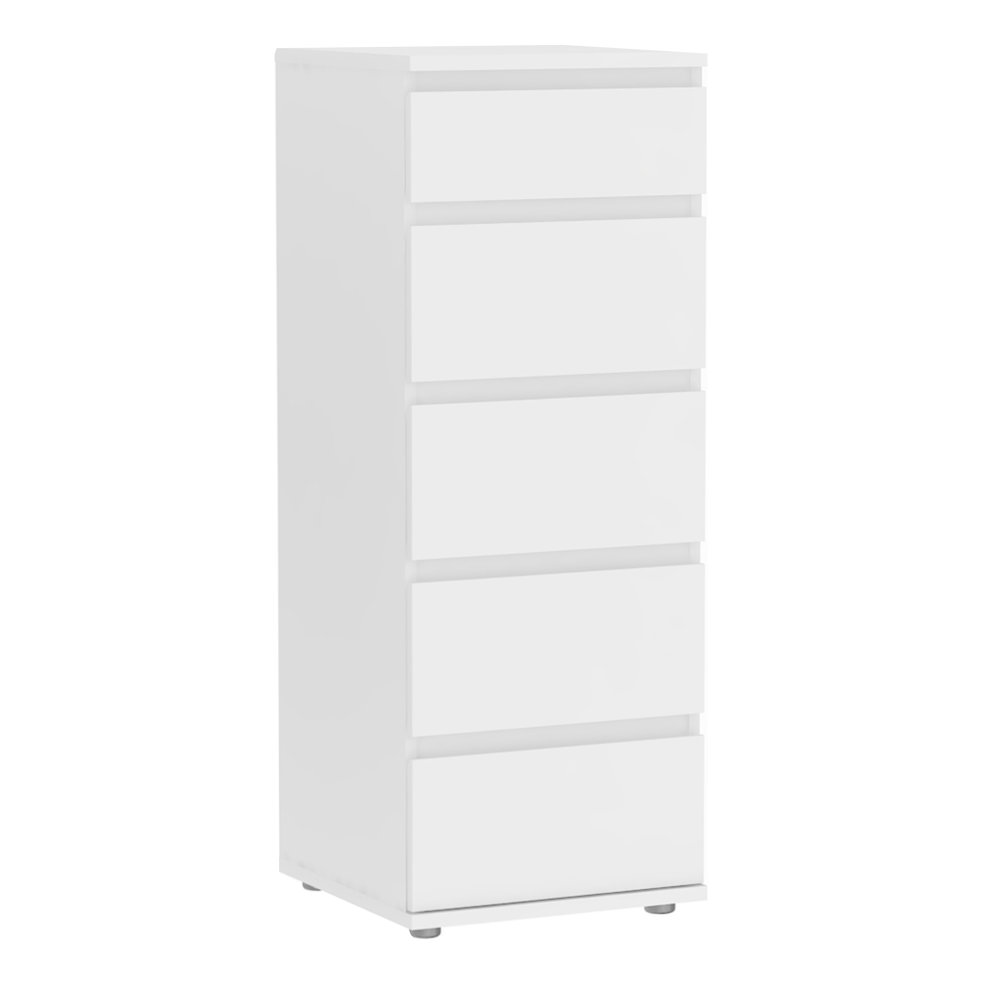 Narrow chest of five drawers in a sleek white finish, featuring a minimalist design and smooth front panels, ideal for indoor storage solutions.