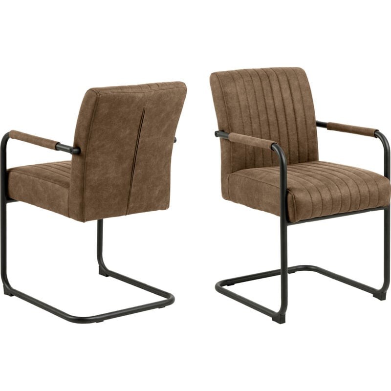 Light brown upholstered Adele dining chair with armrests, featuring vertical stitching and a sleek black metal frame, showcasing a modern and stylish design.