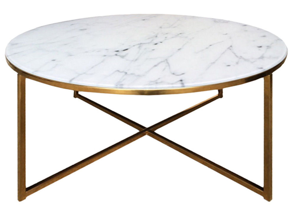 Round coffee table featuring a white marble effect glass top with gray veining, supported by elegant gold metal legs in a crisscross design.
