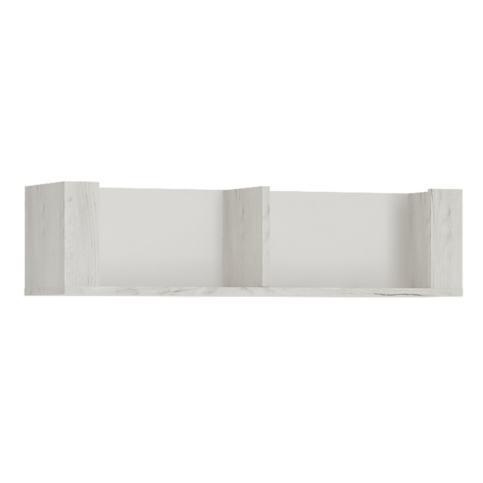 White wooden wall shelf with a minimalist design, featuring two open compartments and a smooth finish, ideal for displaying decor or organizing small items.