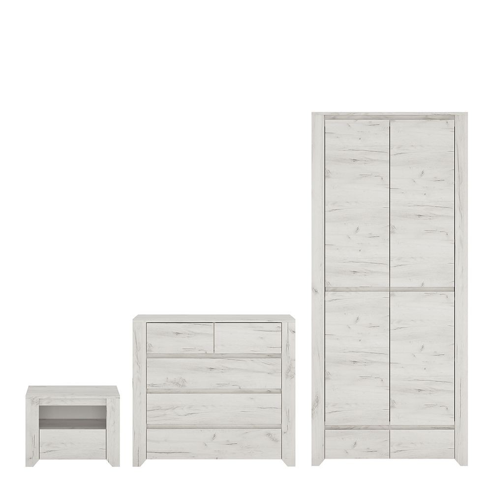 White wood-finish furniture set including a 1-drawer bedside cabinet, a 2+3 chest of drawers, and a 2-door, 2-drawer fitted wardrobe, featuring a modern, minimalist design.
