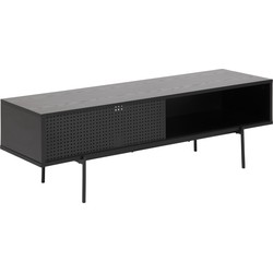 Black TV unit featuring a sliding door, perforated design, and open storage space, supported by slender black legs, ideal for modern indoor decor.